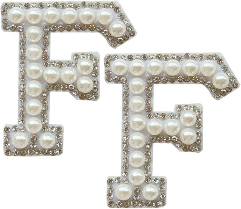 SOYCEV 2PCS White Pearl Iron on Rhinestone & Sequin Sparkly Letter Patches for Backpacks & Clothing (F) - Image 1